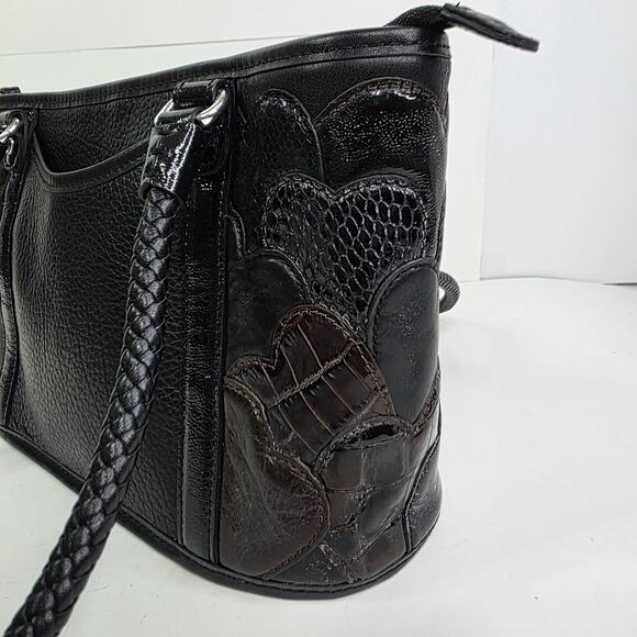 Brighton Vintage Leather 3D Hearts Black Brown Shoulder Bag double handle Zip - Picture 7 of 13